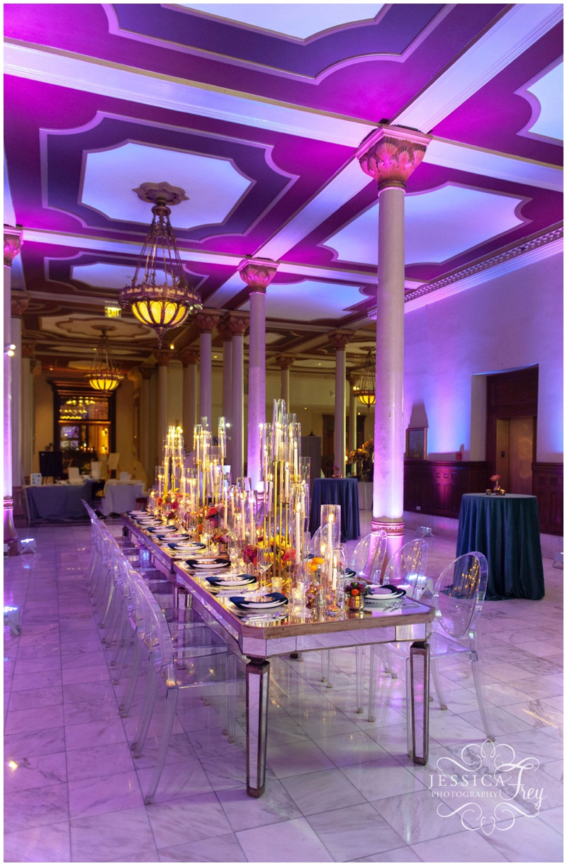 Navy and Fuchsia wedding reception details at The Driskill Hotel in Downtown Austin Texas 