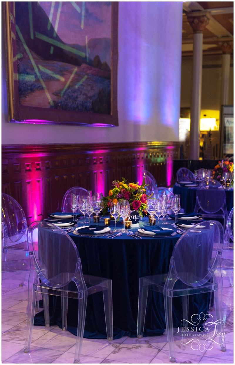 Wedding Guest seating at The Driskill Hotel wedding with navy tablecloths