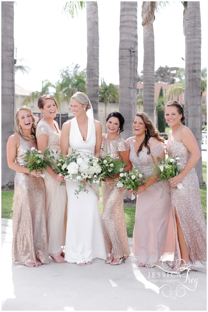 Bridesmaids in sequin blush dresses