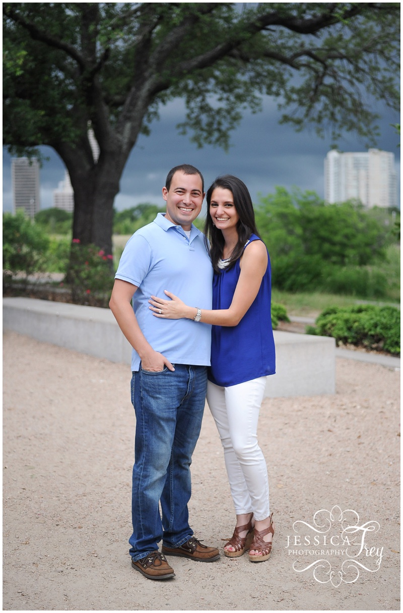 Couple wears different shades of blue to their engagement session in Houston