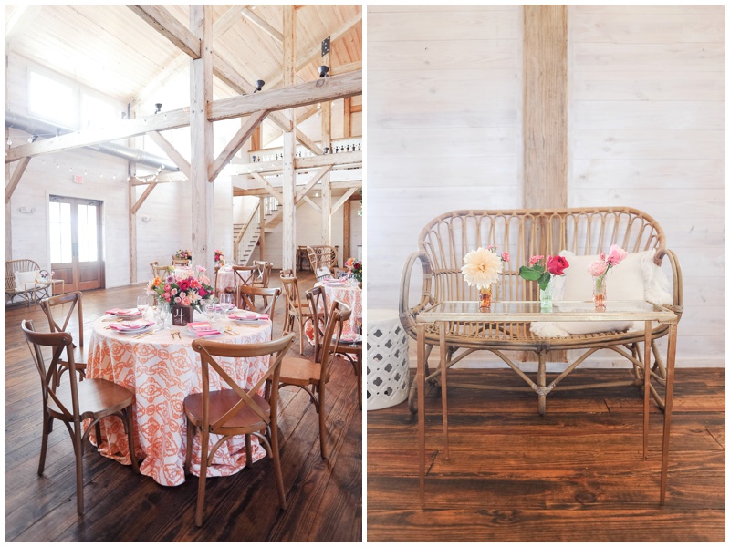 White Barn Wedding with Desert Sunset themed florals inside