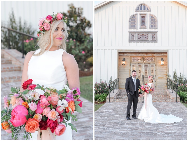 Bride in flower crown with bright pink bouquet at The White Magnolia