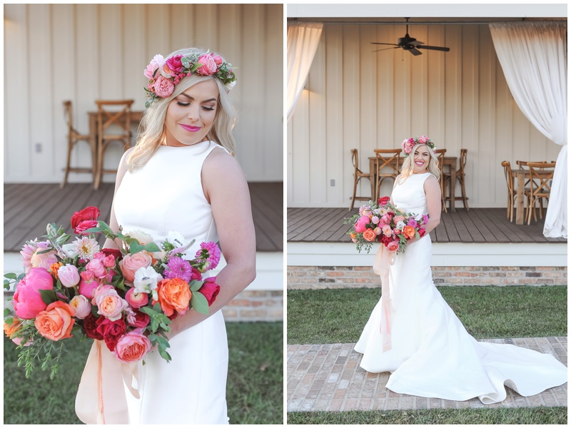 Bridal Portraits in flower crown at White Barn wedding venue in Louisiana 