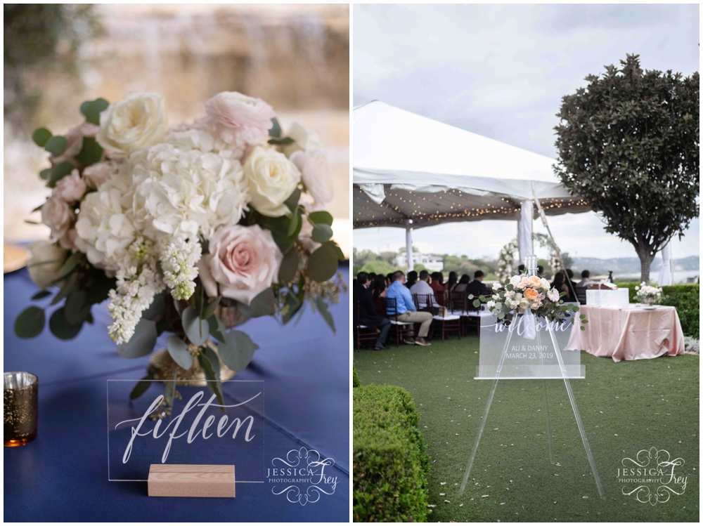 Blush and Navy wedding reception details at Austin Wedding Venue Villa Del Lago