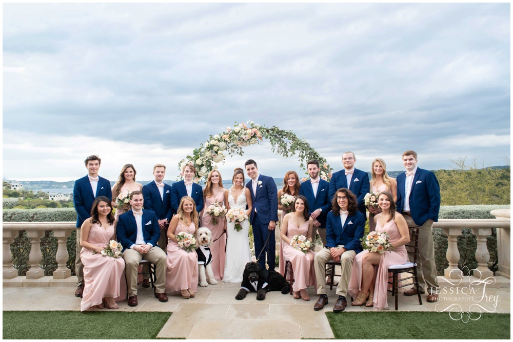 Blush and Navy Bridal party with dogs at Villa Del Lago