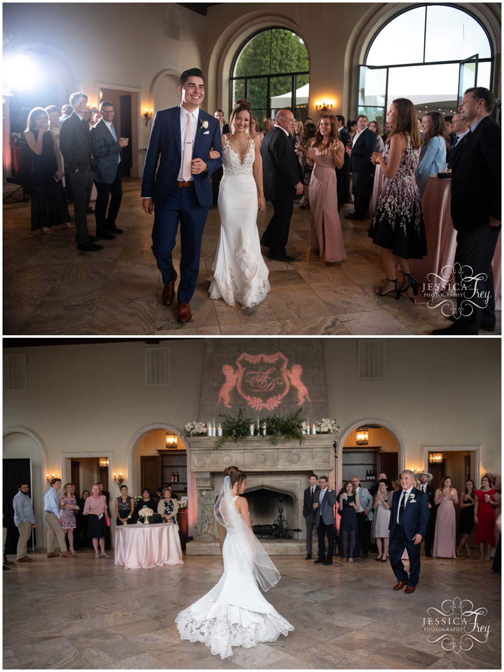 Grand entrance into wedding reception at Villa Del Lago in Austin
