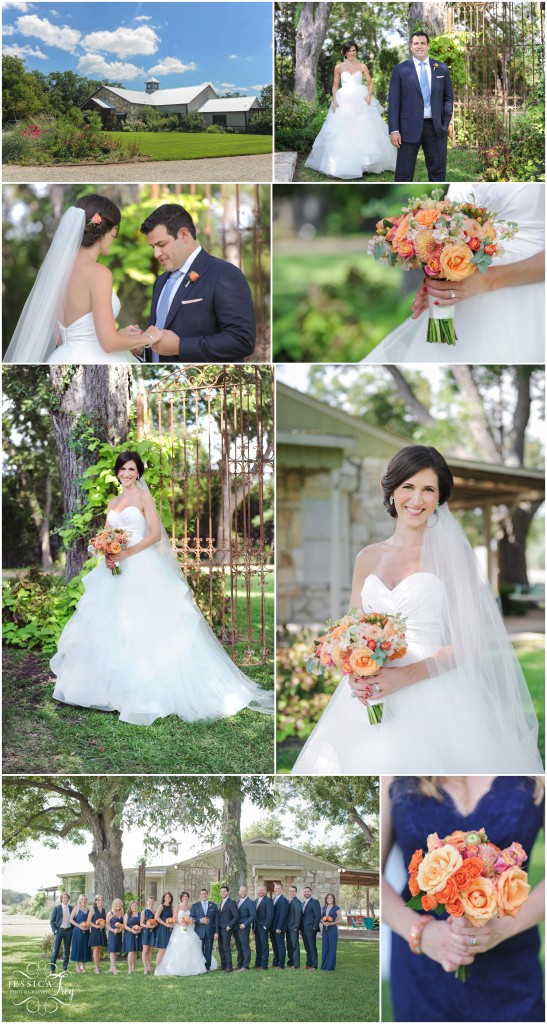 Pecan Spring Ranch wedding, navy blue and orange wedding, orange bridal bouquet, navy bridesmaid dresses, navy bridesmaid dress with orange bouquet, Austin wedding