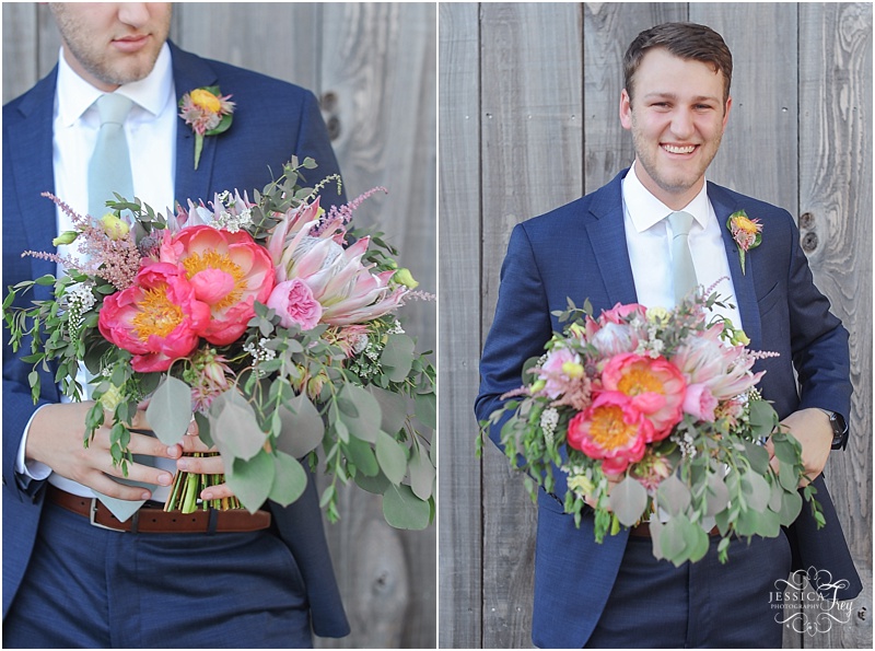 navy groom suit, pink peony bouquet, Baylor Flowers wedding bouquet