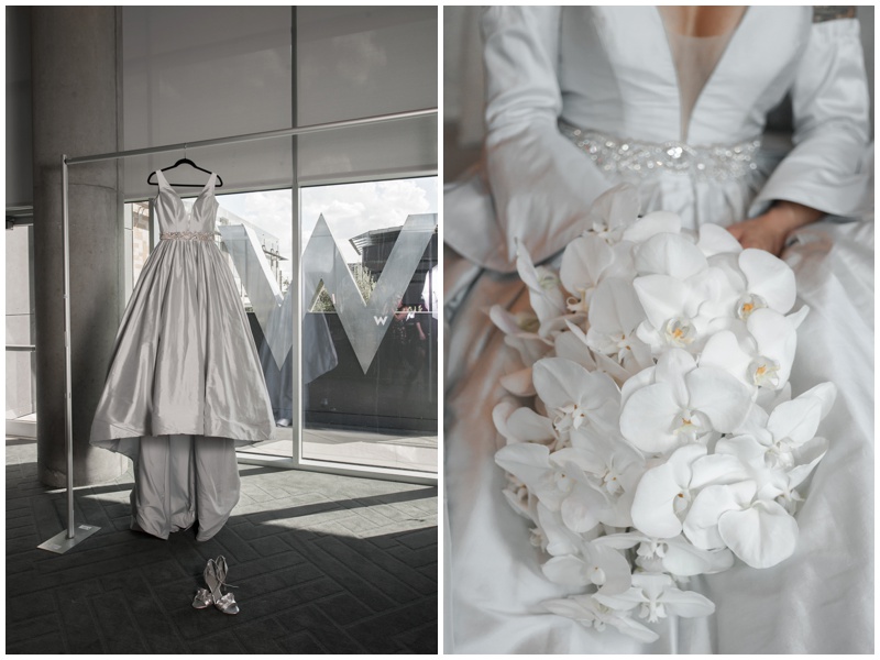 Bridal Suite at The W Hotel in Austin; Grey Wedding dress with Orchid Bridal Bouquet 