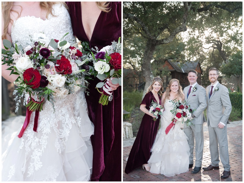 Bridal Party in Burgundy and gray at winter wedding at Camp Lucy